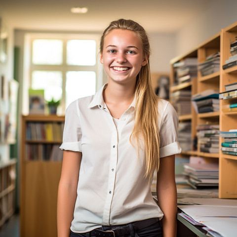 Smiling high school girl working on blurred background Smiling high school girl working on blurred background