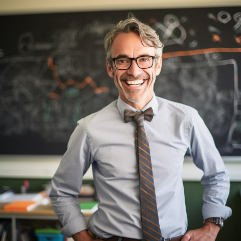 Male science teacher smiling at work in blurred background Male science teacher smiling at work in blurred background