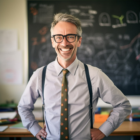 Male science teacher smiling at work in blurred background Male science teacher smiling at work in blurred background