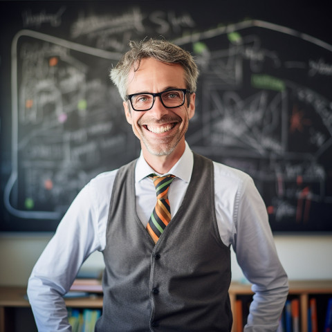 Male science teacher smiling at work in blurred background Male science teacher smiling at work in blurred background