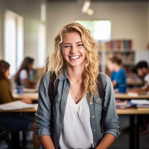 College student studying with a smile on background blurred