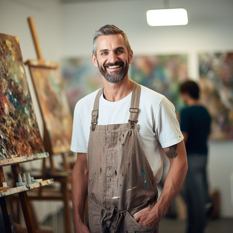 Smiling male art teacher working on blurred background Smiling male art teacher working on blurred background