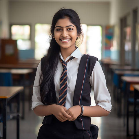 Smiling Indian high school girl working on blurred background Smiling Indian high school girl working on blurred background
