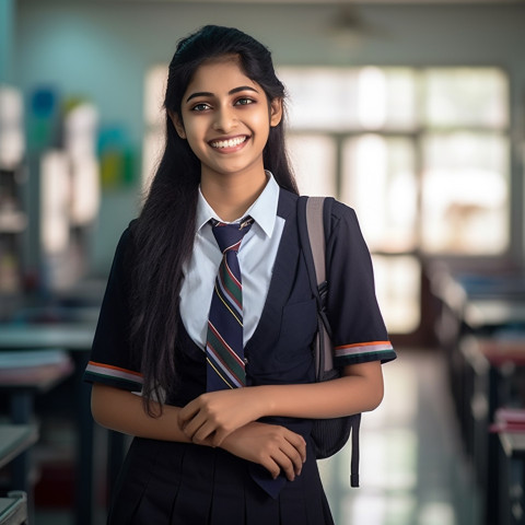 Smiling Indian high school girl working on blurred background Smiling Indian high school girl working on blurred background