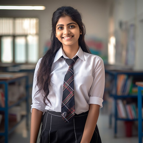 Smiling Indian high school girl working on blurred background Smiling Indian high school girl working on blurred background