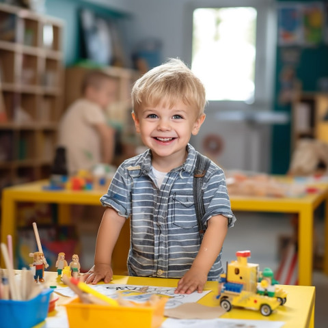 Happy preschool boy working on blurred background Happy preschool boy working on blurred background