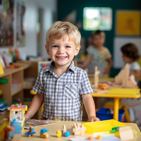 Happy preschool boy working on blurred background Happy preschool boy working on blurred background