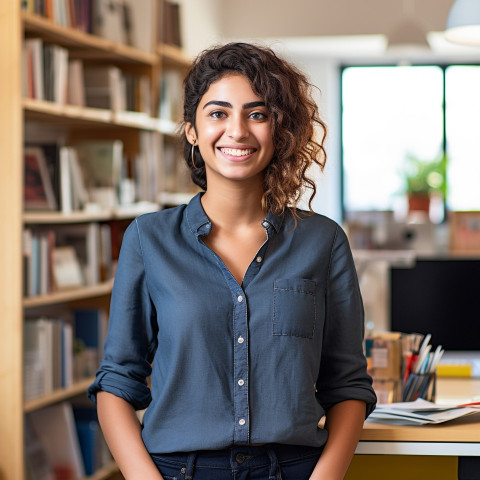 Happy international student working on blurred background