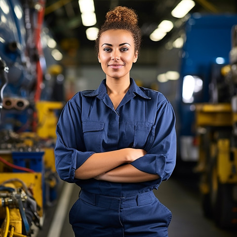 Skilled female bus mechanic repairing vehicle in workshop on blurred background Skilled female bus mechanic repairing vehicle in workshop on blurred background