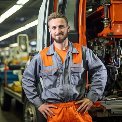 Skilled bus mechanic working with a smile against a blurred background Skilled bus mechanic working with a smile against a blurred background