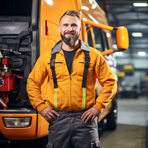 Skilled bus mechanic working with a smile against a blurred background Skilled bus mechanic working with a smile against a blurred background