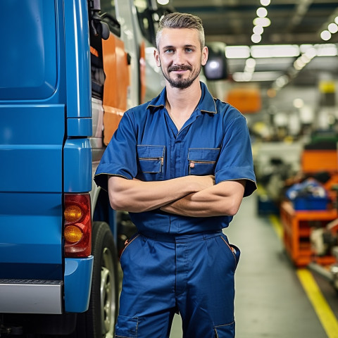 Skilled bus mechanic working with a smile against a blurred background Skilled bus mechanic working with a smile against a blurred background