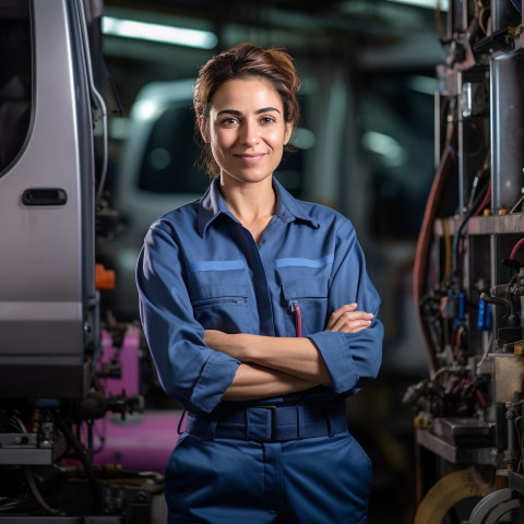 Skilled female bus mechanic repairing vehicle in workshop on blurred background Skilled female bus mechanic repairing vehicle in workshop on blurred background