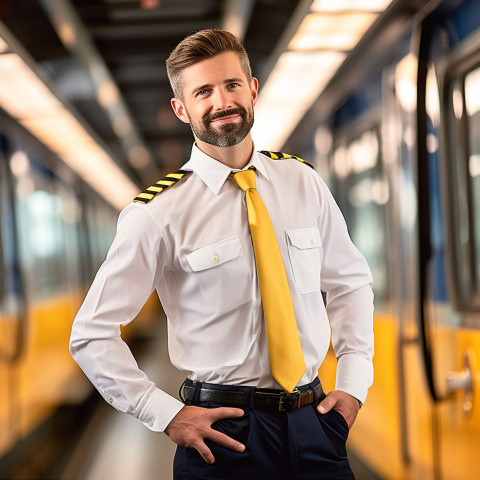 Assured train conductor focused on his duties against a blurred background Assured train conductor focused on his duties against a blurred background