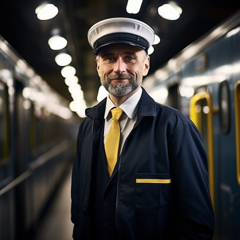 Assured train conductor focused on his duties against a blurred background Assured train conductor focused on his duties against a blurred background