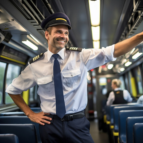 Assured train conductor focused on his duties against a blurred background Assured train conductor focused on his duties against a blurred background