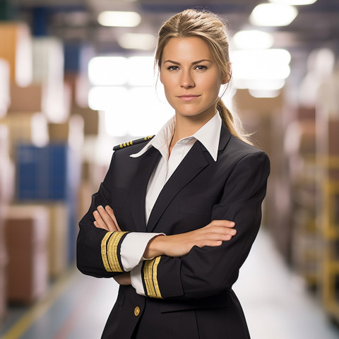 Empowered female ship captain diligently working against a blurred background Empowered female ship captain diligently working against a blurred background