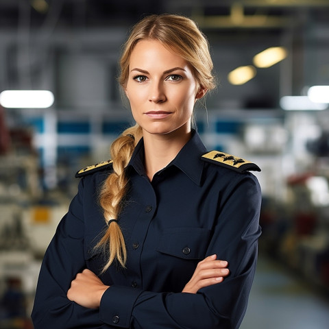 Empowered female ship captain diligently working against a blurred background Empowered female ship captain diligently working against a blurred background