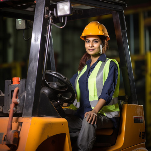 Skilled female forklift driver working in a warehouse on blurred background Skilled female forklift driver working in a warehouse on blurred background