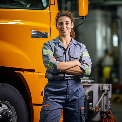 Skilled female truck mechanic expertly repairs vehicle against on blurred background Skilled female truck mechanic expertly repairs vehicle against on blurred background