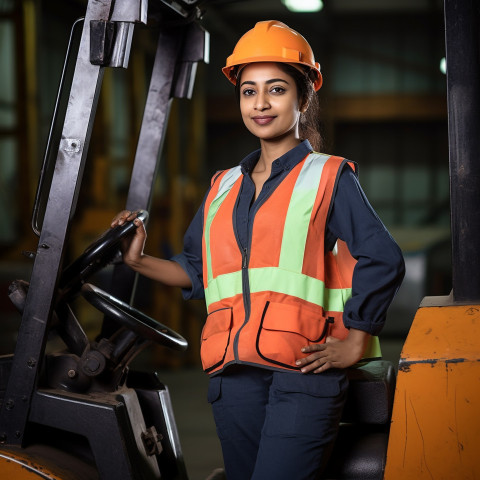 Skilled female forklift driver working in a warehouse on blurred background Skilled female forklift driver working in a warehouse on blurred background