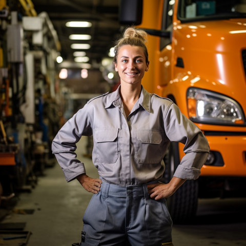 Skilled female truck mechanic expertly repairs vehicle against on blurred background Skilled female truck mechanic expertly repairs vehicle against on blurred background