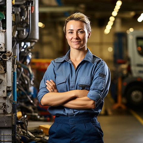 Skilled female truck mechanic expertly repairs vehicle against on blurred background Skilled female truck mechanic expertly repairs vehicle against on blurred background