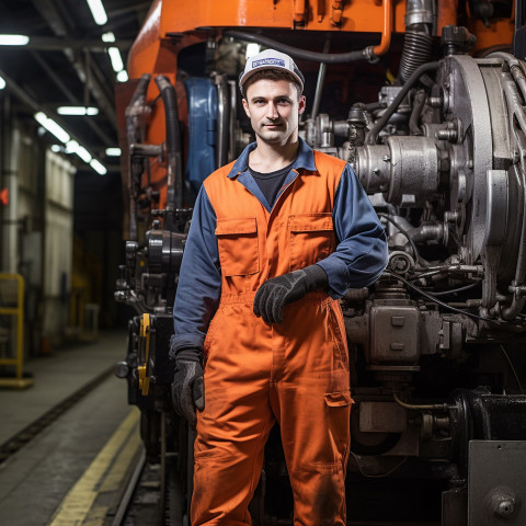 Focused train driver working in a locomotive cab on a blurred background Focused train driver working in a locomotive cab on a blurred background