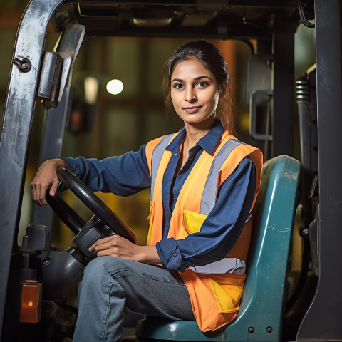 Skilled female forklift driver working in a warehouse on blurred background Skilled female forklift driver working in a warehouse on blurred background