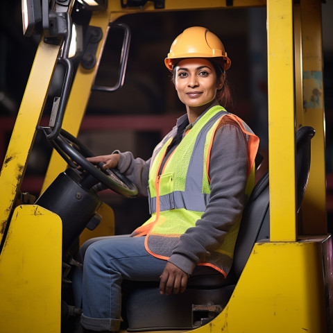 Skilled female forklift driver working in a warehouse on blurred background Skilled female forklift driver working in a warehouse on blurred background