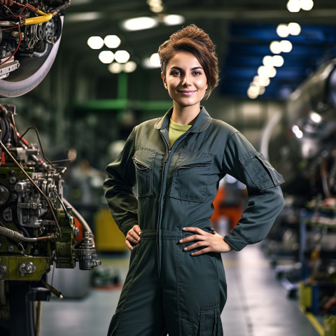 Skilled female aircraft mechanic skillfully repairs airplane in hangar on a blurred background Skilled female aircraft mechanic skillfully repairs airplane in hangar on a blurred background