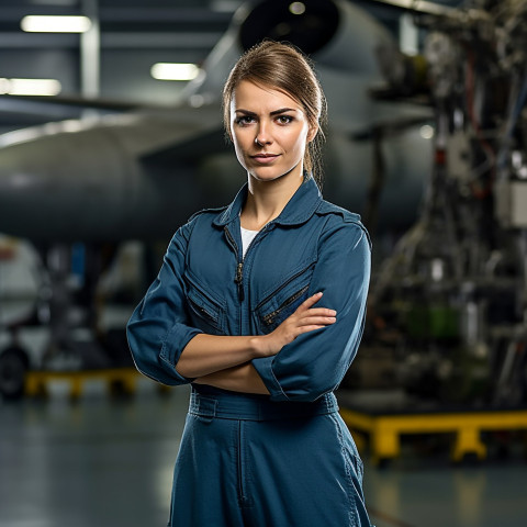 Skilled female aircraft mechanic skillfully repairs airplane in hangar on a blurred background Skilled female aircraft mechanic skillfully repairs airplane in hangar on a blurred background