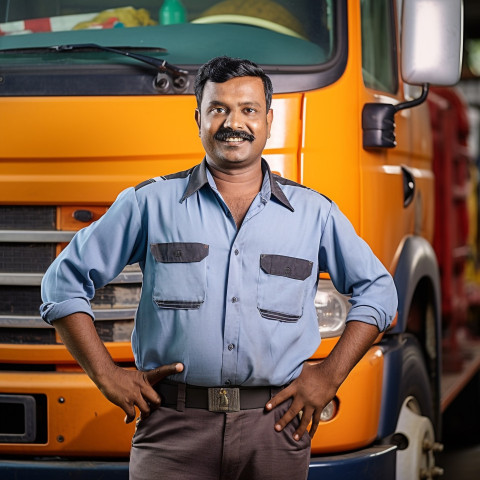 Skilled Indian truck mechanic repairs vehicle with expertise on a blurred background Skilled Indian truck mechanic repairs vehicle with expertise on a blurred background