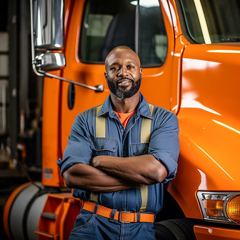 Skilled truck mechanic working confidently against a blurred background Skilled truck mechanic working confidently against a blurred background
