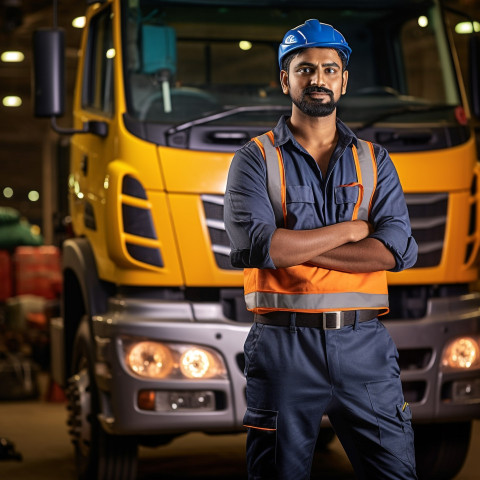 Skilled Indian truck mechanic repairs vehicle with expertise on a blurred background Skilled Indian truck mechanic repairs vehicle with expertise on a blurred background
