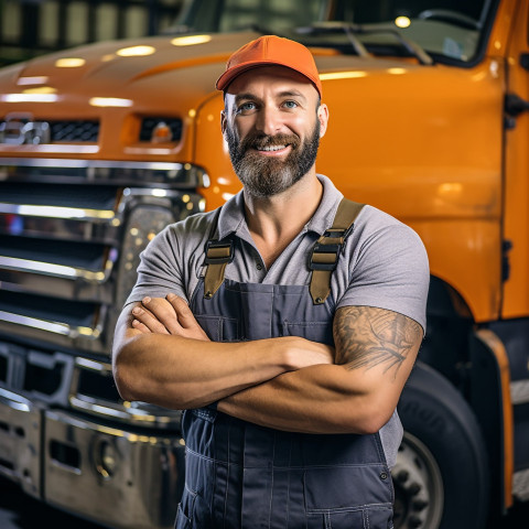 Skilled truck mechanic working confidently against a blurred background Skilled truck mechanic working confidently against a blurred background