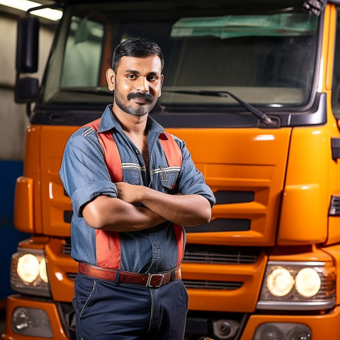 Skilled Indian truck mechanic repairs vehicle with expertise on a blurred background Skilled Indian truck mechanic repairs vehicle with expertise on a blurred background
