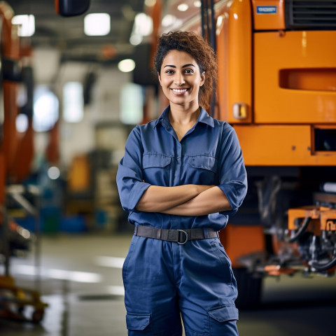 Happy female auto technician repairing a bus on blurred background Happy female auto technician repairing a bus on blurred background