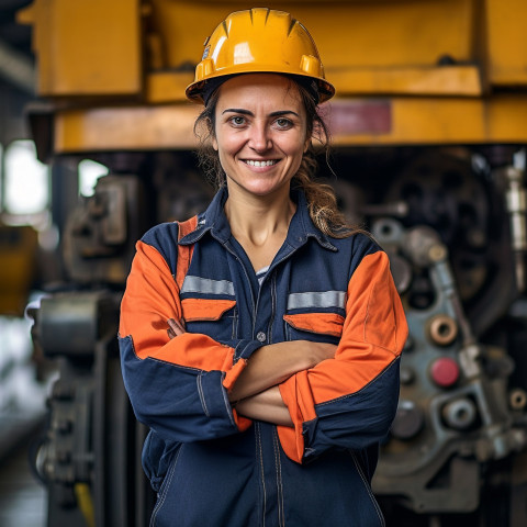 Cheerful female train driver working against a blurred background Cheerful female train driver working against a blurred background