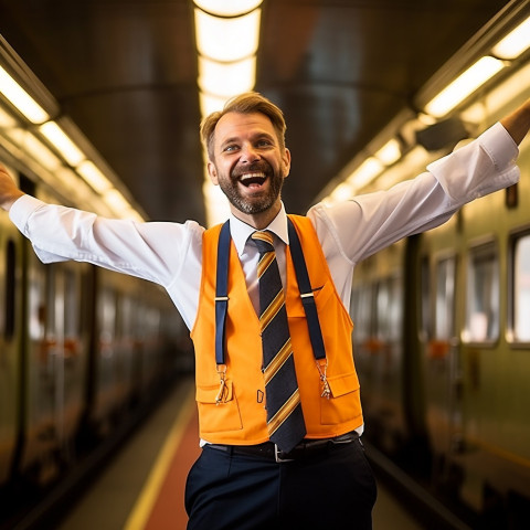 Cheerful train conductor with a welcoming smile on blurred background Cheerful train conductor with a welcoming smile on blurred background