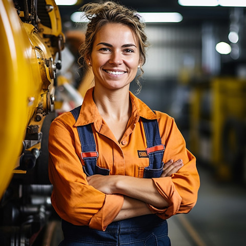 Cheerful female train driver working against a blurred background Cheerful female train driver working against a blurred background