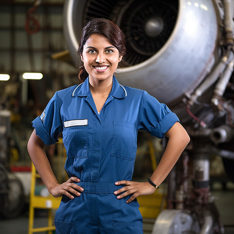Cheerful Indian woman aircraft mechanic repairs plane against a blurred background Cheerful Indian woman aircraft mechanic repairs plane against a blurred background