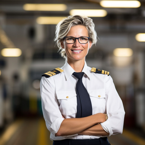 Happy female ship captain working against a blurred background Happy female ship captain working against a blurred background