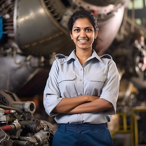 Cheerful Indian woman aircraft mechanic repairs plane against a blurred background Cheerful Indian woman aircraft mechanic repairs plane against a blurred background