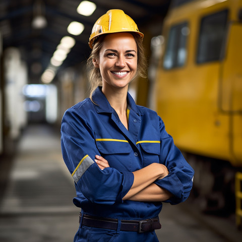 Cheerful female train conductor posing on blurred background Cheerful female train conductor posing on blurred background