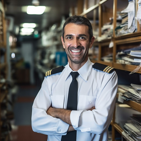Eemingly Cheerful ship captain with a warm smile on blurred background Eemingly Cheerful ship captain with a warm smile on blurred background