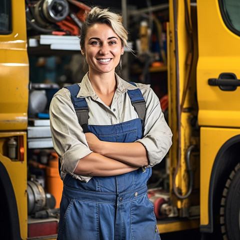 Cheerful female truck mechanic repairs vehicle on blurred background Cheerful female truck mechanic repairs vehicle on blurred background