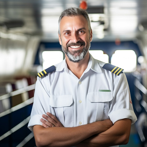 Eemingly Cheerful ship captain with a warm smile on blurred background Eemingly Cheerful ship captain with a warm smile on blurred background