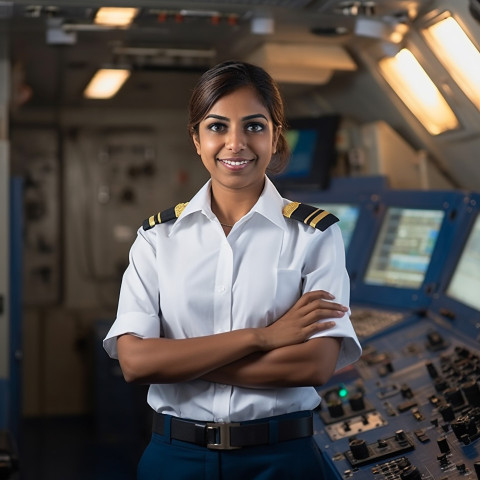 Cheerful Indian woman ship captain working on blurred background Cheerful Indian woman ship captain working on blurred background