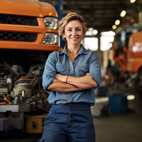 Cheerful female truck mechanic repairs vehicle on blurred background Cheerful female truck mechanic repairs vehicle on blurred background